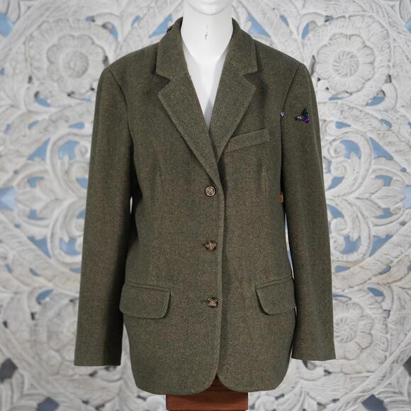 L.L.Bean Women’s 12P Green Wool Cashmere Herringbone Blazer Jacket Gently Beaded - Picture 1 of 10